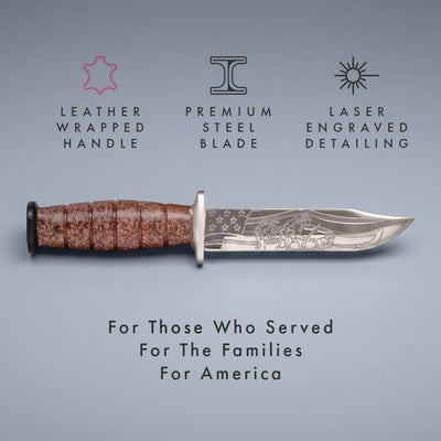 Iwo Jima Valor Dagger with resin and stainless steel, featuring a leather wrapped handle, premium steel blade, and laser engraved detailing, offered Up To 75% Off Retail.
