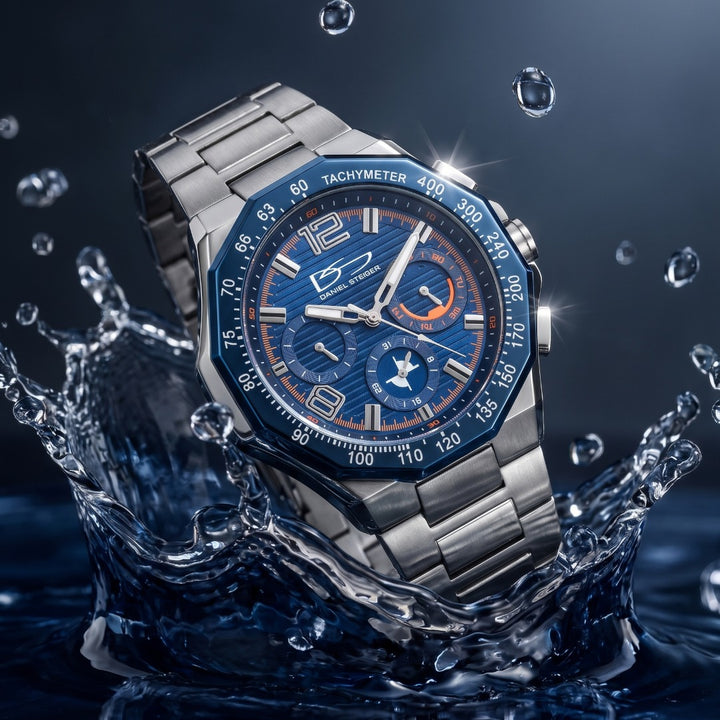 Ultima Men's Watch featuring a blue chronograph dial silver bracelet and tachymeter bezel splashing through water Up To 75% Off Retail