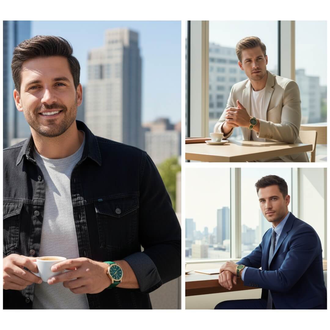 Collage of a man in different settings with a watch, including a cityscape and indoor scenes. Men wearing Daniel Steiger Verde Ceramic Men's Watch