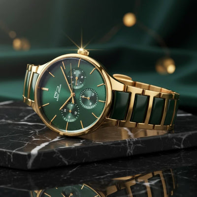 Luxury watch with green face and gold casing on a dark marble surface. Daniel Steiger Verde Ceramic Men's Watch