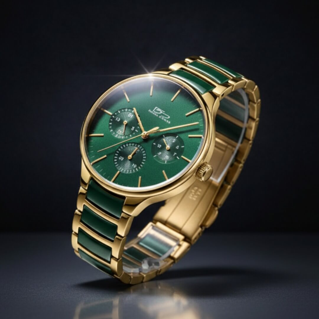 Luxury watch with green and gold strap on a dark background. Daniel Steiger Verde Ceramic Men's Watch