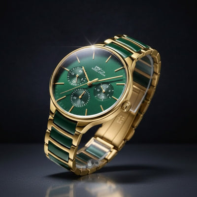 Luxury watch with green and gold strap on a dark background. Daniel Steiger Verde Ceramic Men's Watch