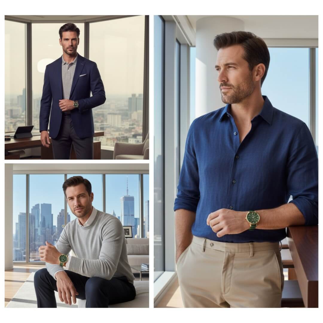 Man in formal and casual attire with a cityscape background.Men wearing Daniel Steiger Verde Ceramic Men's Watch