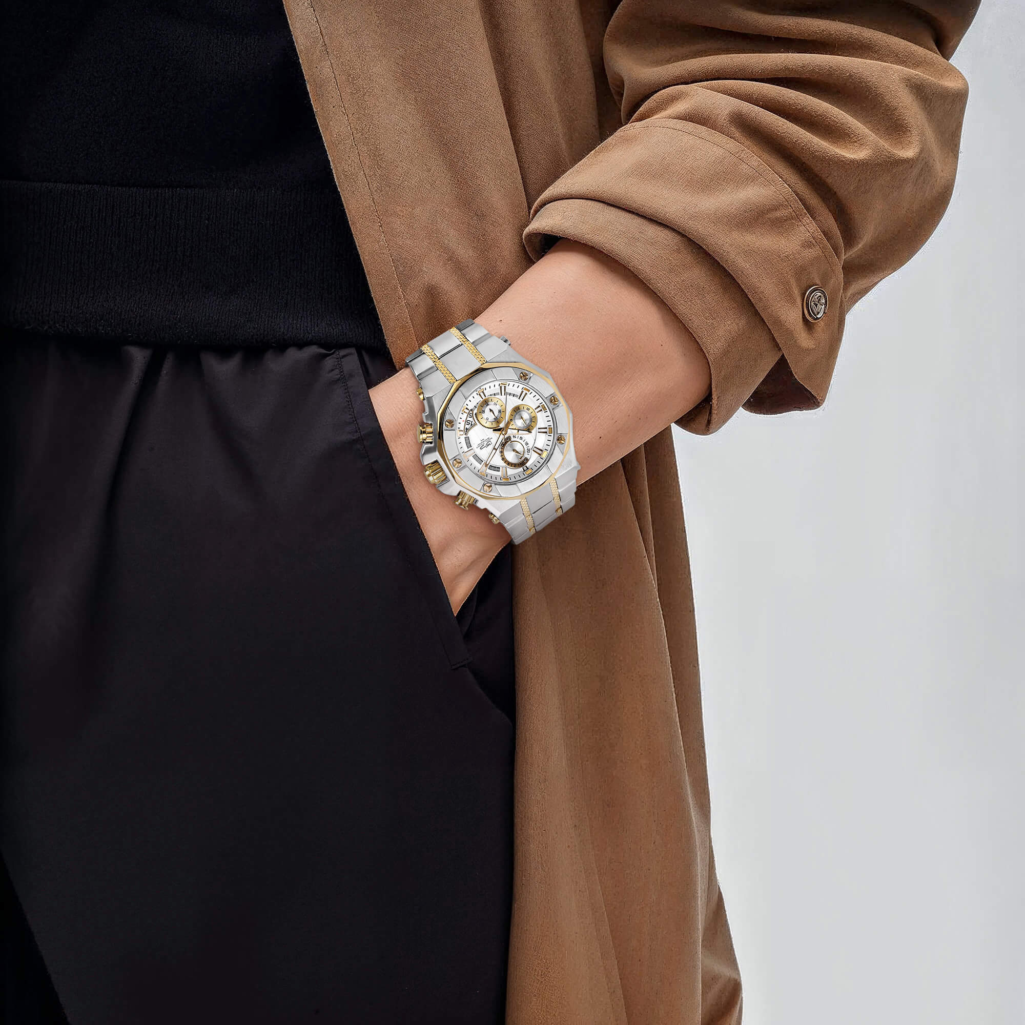 Phantom Two-Tone Men's Watch with stainless steel two-tone plating and silver dial worn on wrist paired with stylish outfit, showcasing contemporary men's luxury jewelry.