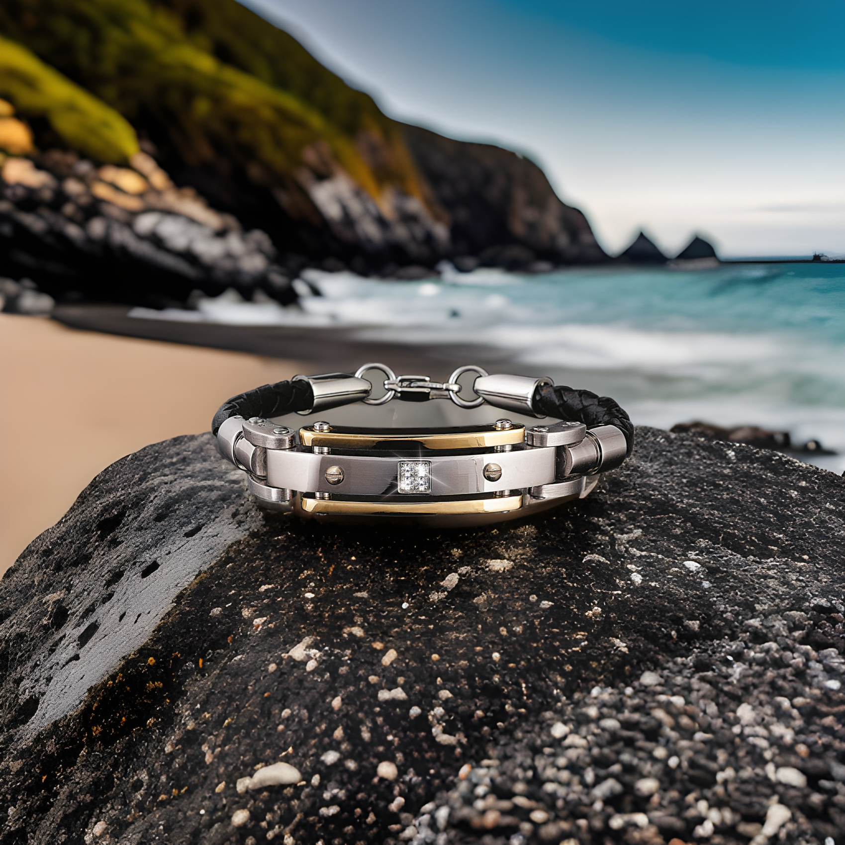 Men's Diamond Leather Bracelet featuring a two-tone steel and leather design with a central diamond detail, displayed on a rock by the ocean shore.