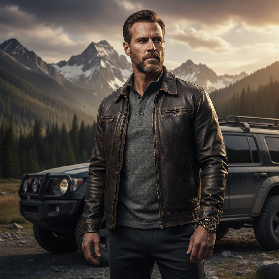 Man in a leather jacket standing in front of a mountainous landscape with a vehicle. He is wearing a black watch