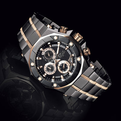 Phantom Black Men's Watch with two-tone stainless steel bracelet, black dial, chronograph subdials, and rose gold accents, designed for a sophisticated male style.