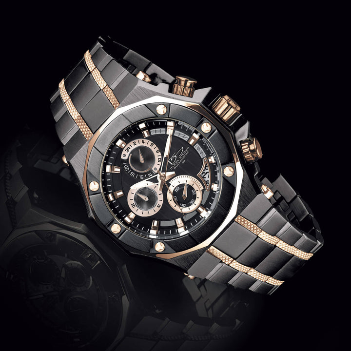 Phantom Black Men's Watch with two-tone stainless steel bracelet, black dial, chronograph subdials, and rose gold accents, designed for a sophisticated male style.