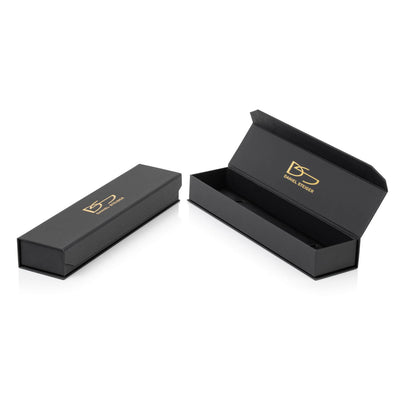 Black two-tone steel and leather Men's Diamond Leather Bracelet packaging box with gold logo, designed for elegant jewelry presentation and secure storage.