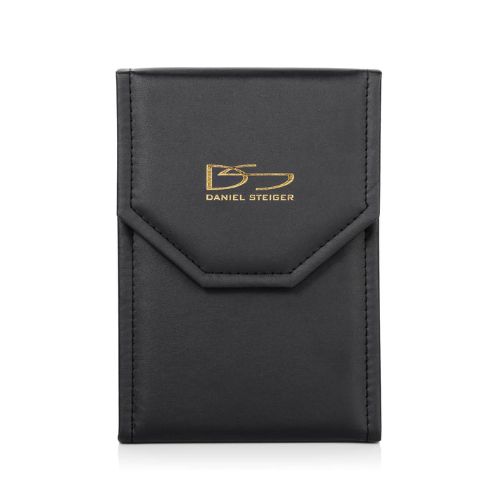 Black leather jewelry pouch with gold Daniel Steiger logo, designed to protect and store the Calla Flora Necklace for women with gold plating.