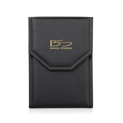 Black leather jewelry pouch with gold Daniel Steiger logo, designed for storing the Captivating Leaf Necklace and other fine jewelry pieces.
