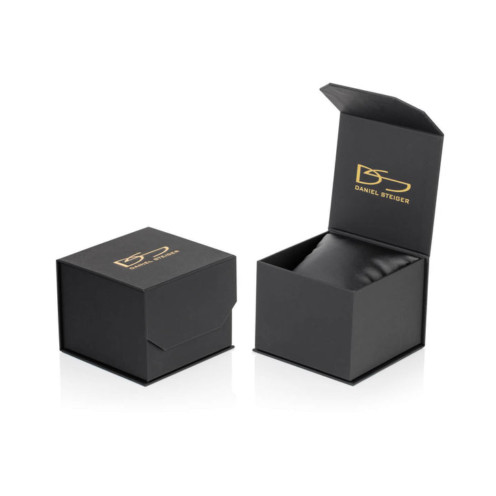 Black Daniel Steiger branded watch box with two-tone packaging, designed for the Phantom Two-Tone Men's Watch, featuring a cushioned interior for secure storage.