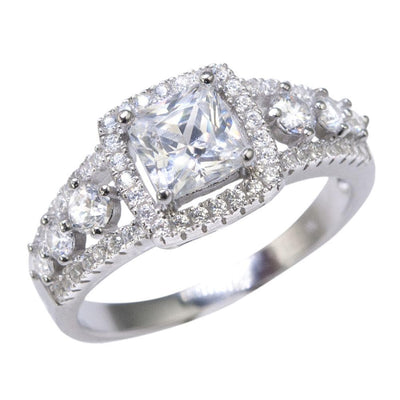 Aria Ring featuring a sterling silver band with rhodium plating, showcasing a princess-cut center stone surrounded by smaller round stones for a dazzling feminine jewelry piece.