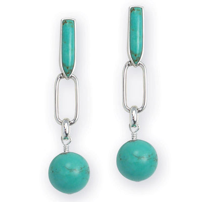 Aztec Turquoise Earrings featuring sterling silver with elongated turquoise insets and round turquoise dangle beads, designed for women’s jewelry collection.