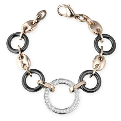 Java Ceramic Halo Bracelet featuring stainless steel and rose gold plating with black ceramic and a circle pendant embellished with sparkling crystals, designed for women.