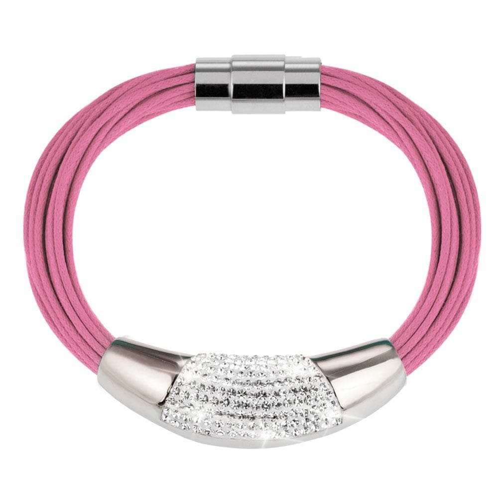 Cristal Pink Bracelet featuring a stainless steel clasp and center accent with multiple strands of pink cord, designed for female jewelry lovers.