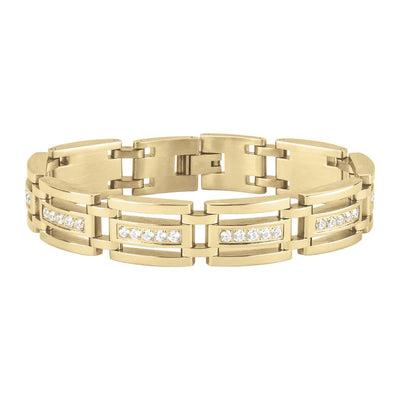 Albany Men's Bracelet in gold-plated stainless steel featuring a bold link design with embedded sparkling stones, perfect for stylish men's jewelry collections.