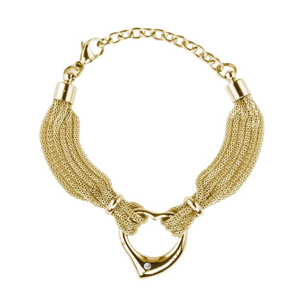 Steel Heart Bracelet Gold featuring multiple fine stainless steel chains plated in gold with a heart-shaped pendant and a small embedded gemstone, designed for women.