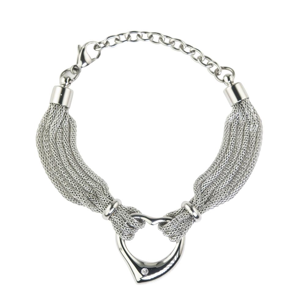 Steel Heart Bracelet for female made of stainless steel featuring multiple chain strands and a heart-shaped pendant with a small gemstone detail, elegant jewelry accessory.