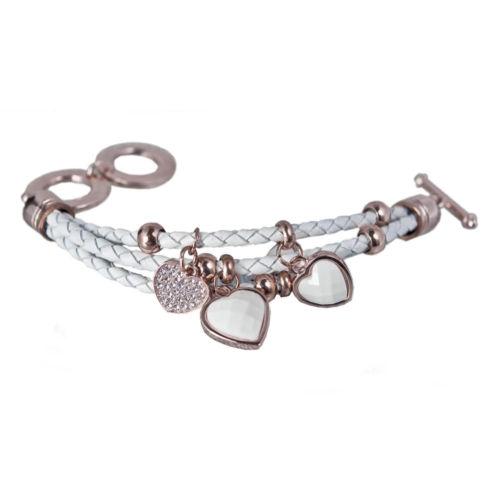 Silhouette White Leather Bracelet featuring braided leather with rose gold plated heart charms, designed for women seeking elegant jewelry accessories.