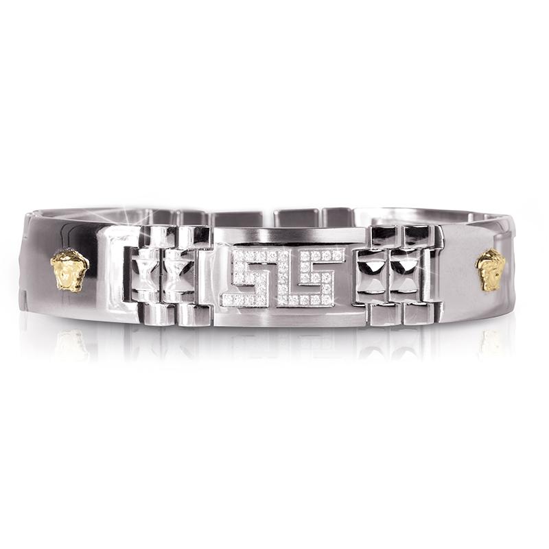 Medussa Bracelet featuring a two-tone stainless steel design with intricate geometric patterns and gold accents, crafted for a sophisticated male style.