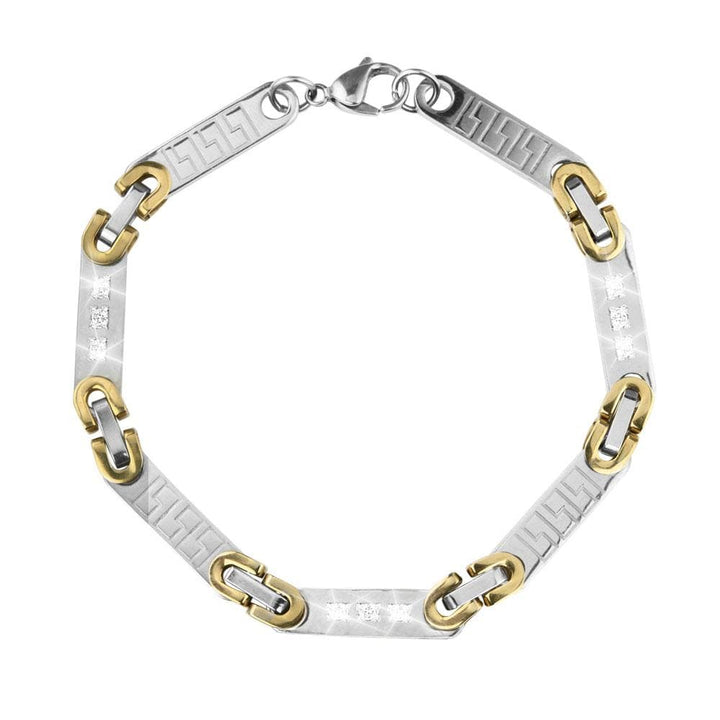 Olympus Men's Bracelet featuring two-tone plating in stainless steel with a geometric link design, combining silver and gold tones in a stylish men's bracelet.
