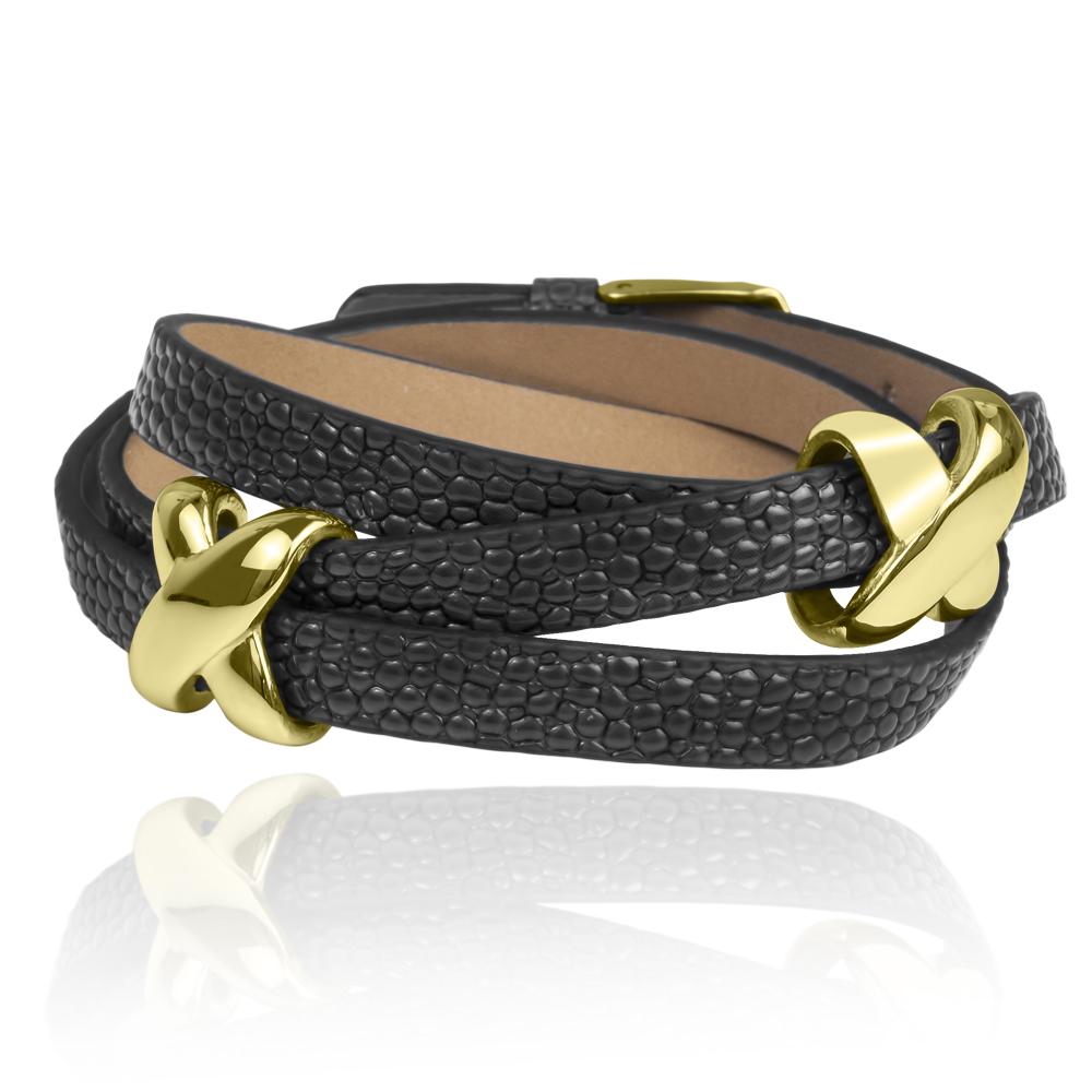 Allure Leather Bracelet featuring textured black leather with elegant gold plating accents, designed for a sophisticated female jewelry collection.