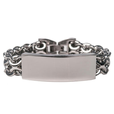 Bravado Steel Bracelet made of stainless steel for men, featuring a polished rectangular plate and a robust double-chain link design in a sleek silver finish.