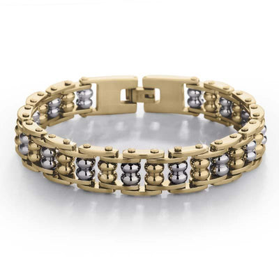 Centaur Bracelet for men featuring a masculine design with interlinked gold-tone and silver-tone metal beads, combining durability and stylish jewelry appeal.