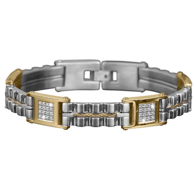 Vector Men's Bracelet featuring a two-tone stainless steel design with gold accents and embedded sparkling stones, a stylish jewelry piece for men.