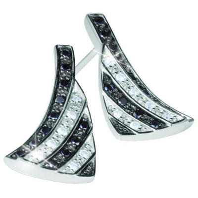 Close-up of sterling silver Chess Earrings for female with alternating black and clear stones in a modern triangular design, elegant jewelry accessory.