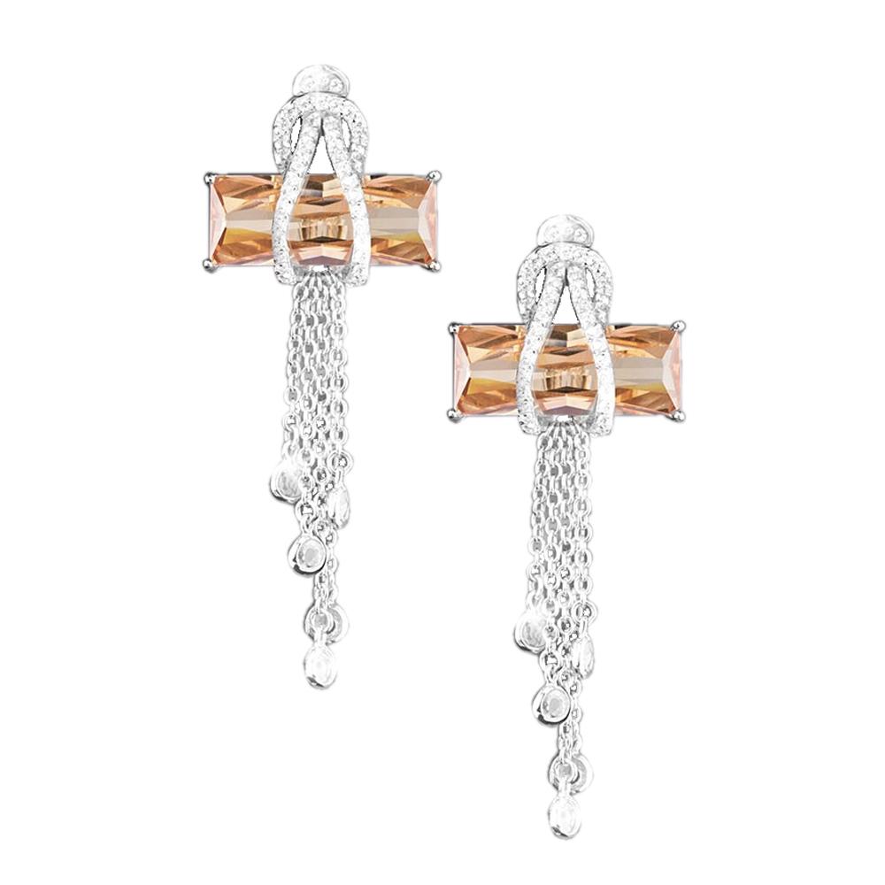 Contemporary Cross Champagne Earrings featuring sterling silver with rectangular champagne stones and delicate cascading chain details designed for female jewelry enthusiasts.