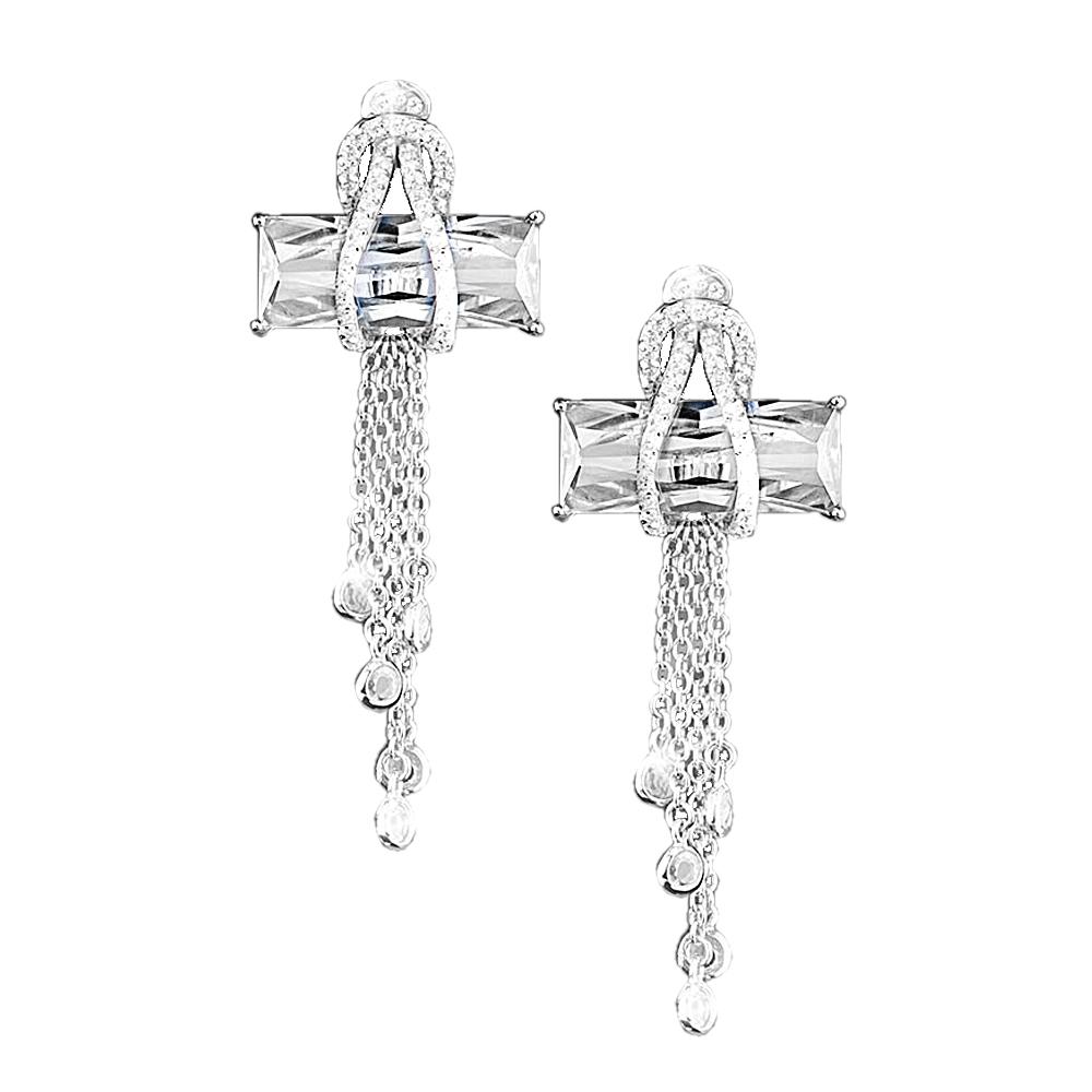 Contemporary Cross Clear Earrings crafted in sterling silver with rhodium plating, featuring clear rectangular stones and delicate chain tassel accents designed for women’s jewelry.