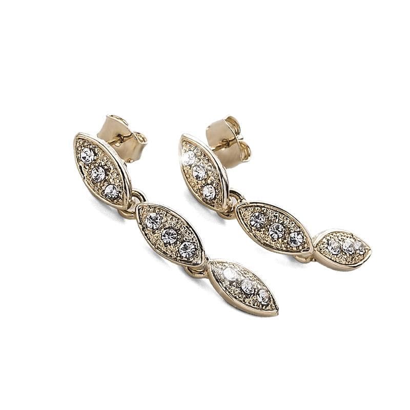 Captivating Leaf Earrings crafted in sterling silver with gold plating, featuring delicate leaf shapes adorned with sparkling crystals designed for women’s jewelry.