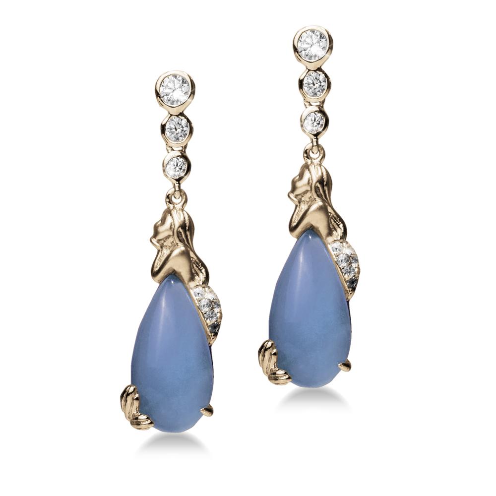 Mermaid Lagoon Earrings featuring gold-plated sterling silver with blue teardrop stones and sparkling clear crystals, designed for women’s elegant jewelry collections.