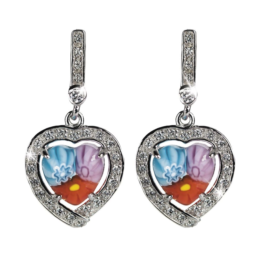 Murano Earrings featuring sterling silver with rhodium plating, heart-shaped design, adorned with sparkling stones and colorful floral glass details, elegant jewelry for women.