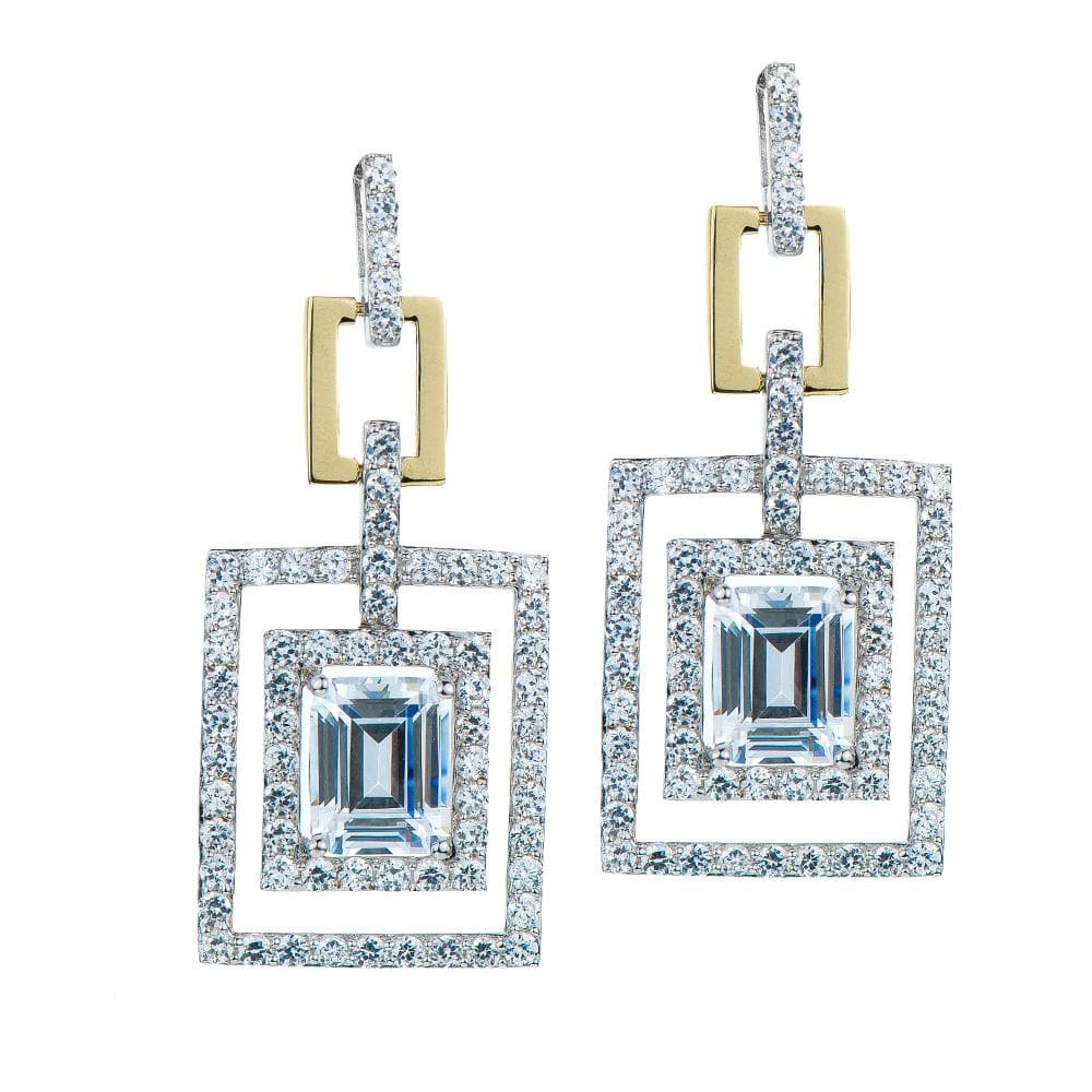 Taboo Earrings in sterling silver with two-tone plating featuring geometric rectangular shapes and sparkling clear gemstones, designed for women’s jewelry collection.