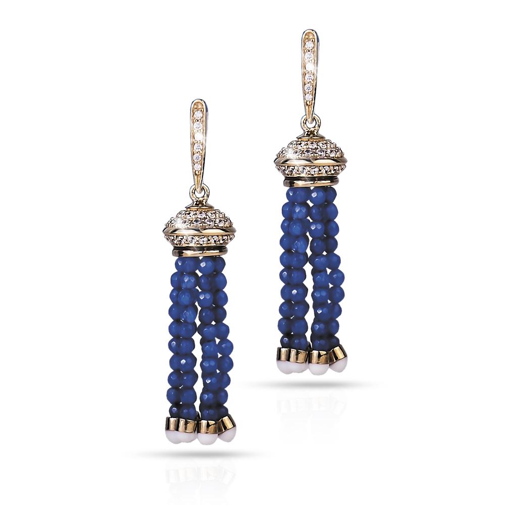 Marina Earrings featuring gold-plated sterling silver with three strands of blue beads and delicate crystal accents, designed for elegant female jewelry collections.
