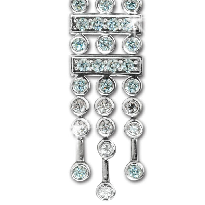 Close-up view of the Empress Pendant featuring sterling silver with rhodium plating and multiple sparkling clear and light blue gemstones in an intricate cascading design for women’s jewelry.