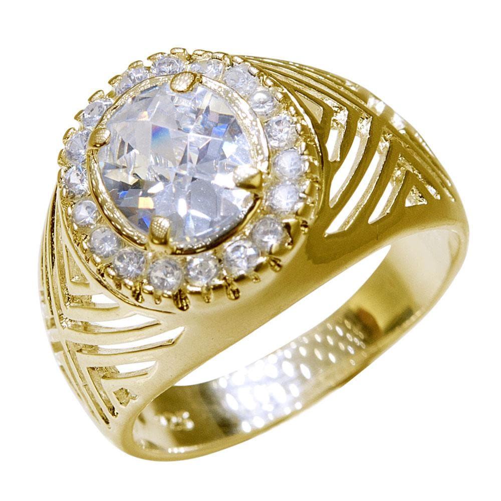 Men's Ethos Ring featuring a sterling silver base with gold plating, showcasing a large central clear gemstone surrounded by smaller sparkling stones in an elegant, intricate design.