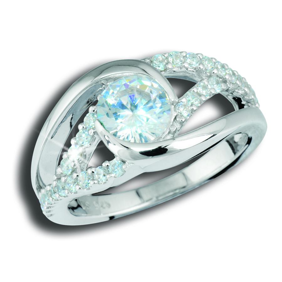 Galaxy Ring featuring a sterling silver band with a central sparkling gemstone surrounded by a delicate arrangement of smaller stones, designed for women’s jewelry.