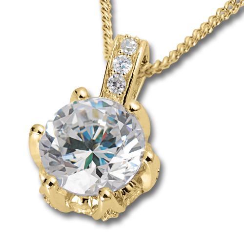 Gold Lotus Pendant featuring a sparkling round clear gemstone set in a gold-plated sterling silver lotus design, complemented by three smaller accent stones on the bail.