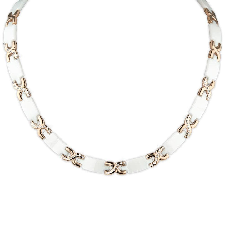 Ceramic Deluxe Necklace featuring white ceramic and rose gold plated stainless steel links, elegant women's jewelry piece designed for a sophisticated look.