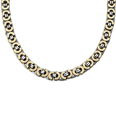 Emperor Flat Byzantine Necklace designed for men featuring an intricate two-tone Byzantine link pattern in gold and silver, perfect for elegant jewelry collections.