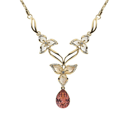Calla Flora Necklace in gold plating featuring floral design accents and a teardrop-shaped pink pendant, crafted for female jewelry enthusiasts.