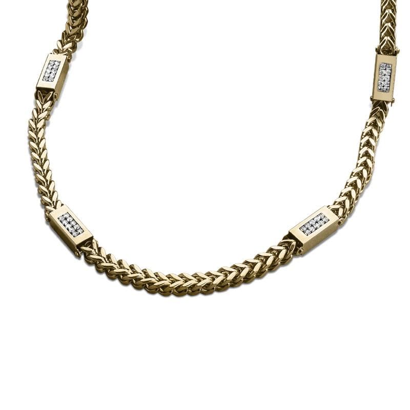 Quadrant Duo Necklace for men in gold plating, featuring an intricately woven chain with rectangular links adorned with sparkling stones, an elegant jewelry piece.