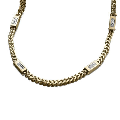 Quadrant Duo Necklace for men in gold plating, featuring an intricately woven chain with rectangular links adorned with sparkling stones, an elegant jewelry piece.
