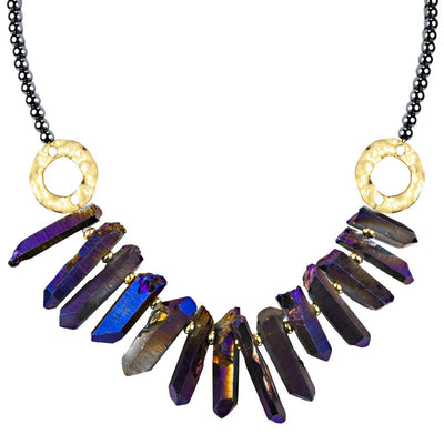 Hematite Crystal Necklace featuring iridescent crystal pendants, white base metal accents, and a beaded chain designed for female jewelry enthusiasts.