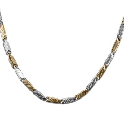 Chevron Steel Necklace featuring two-tone stainless steel links with a stylish chevron pattern, designed specifically for men’s jewelry collections.