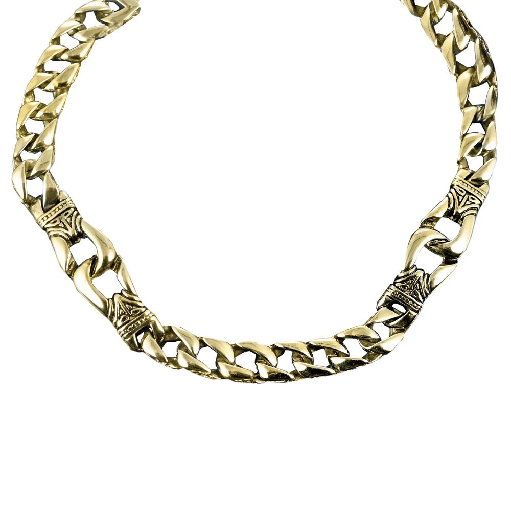 Close-up of a gold plated stainless steel Men's Empire Necklace featuring a bold chain design with intricate engraved accents, designed for male jewelry collectors.